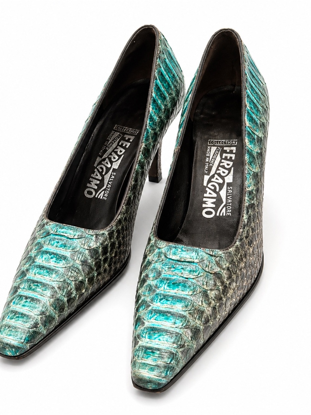 Salvatore Ferragamo Turquoise Python Pointed-Toe Pumps